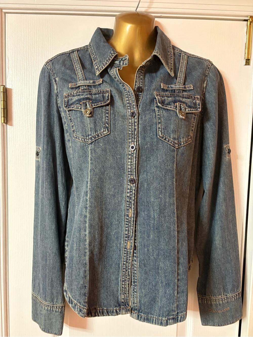 DKNY Vintage Washed Blue Denim Shirt with Chest Pockets